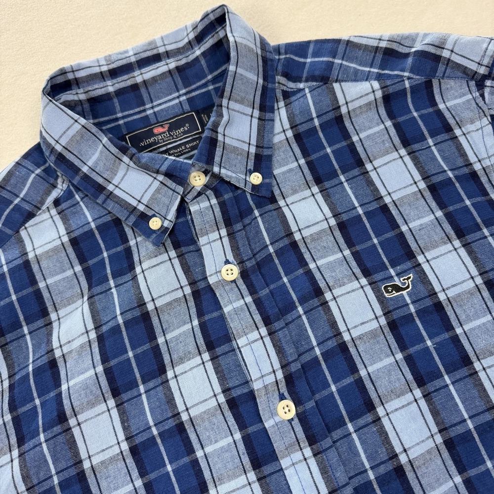 Vineyard Vines Men's Large Blue Plaid Linen Blend Classic Fit Whale S/S Shirt